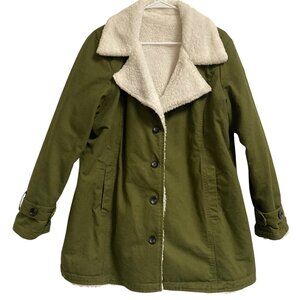 Women's Faux Fur Lined Canvas Button-Up Coat Jacket GREEN Size 2XL